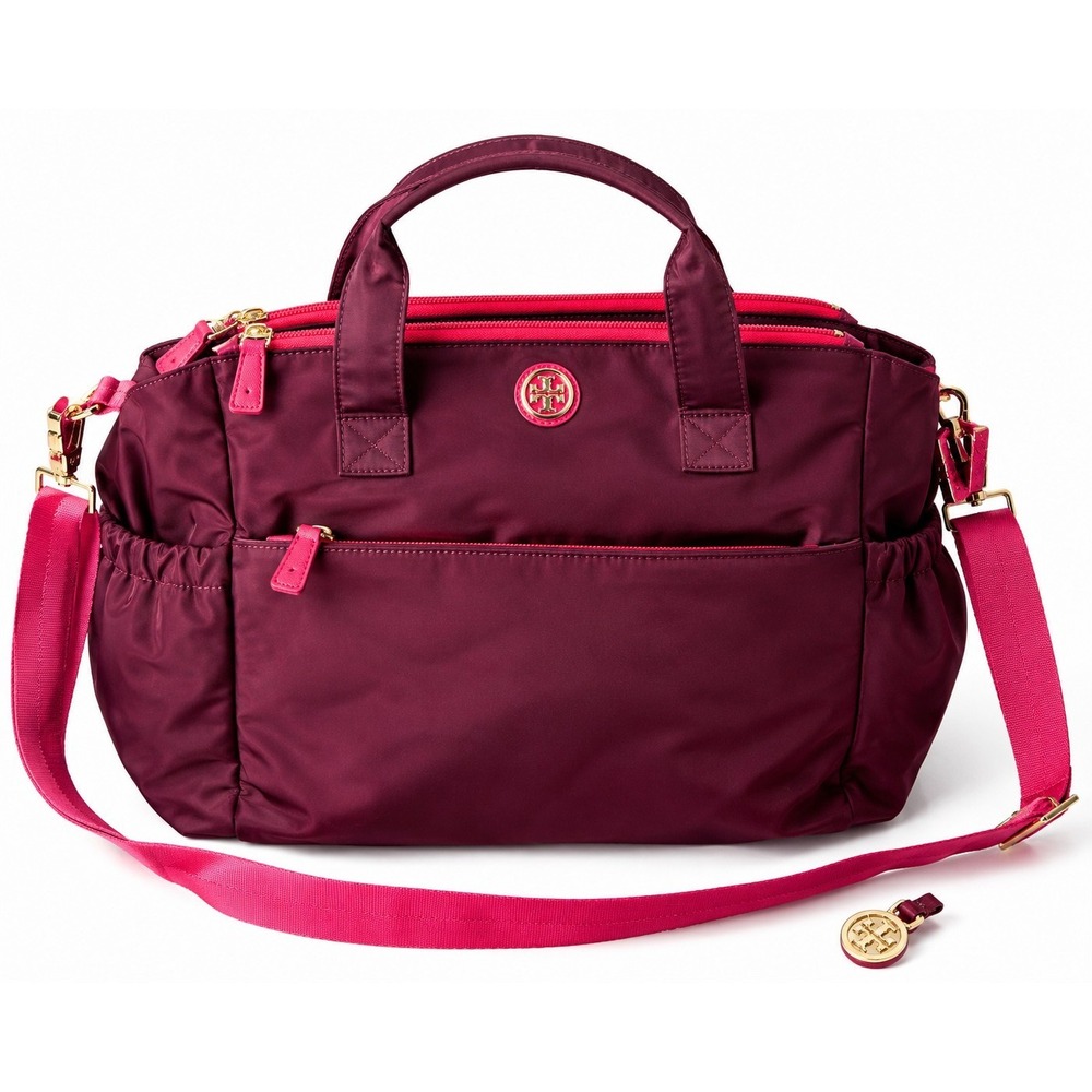 Tory Burch Nylon Diaper Bag Burgundy Pink Gold Shoulder Crossbody Baby Tote
